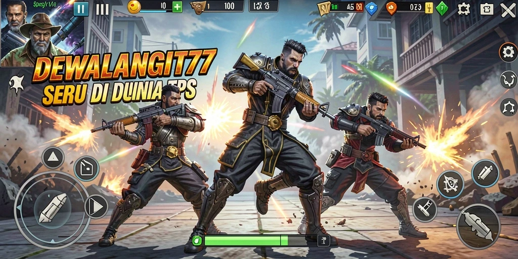 Tampilan gameplay menegangkan di DEWALANGIT77 dengan aksi tembak-menembak seru.
