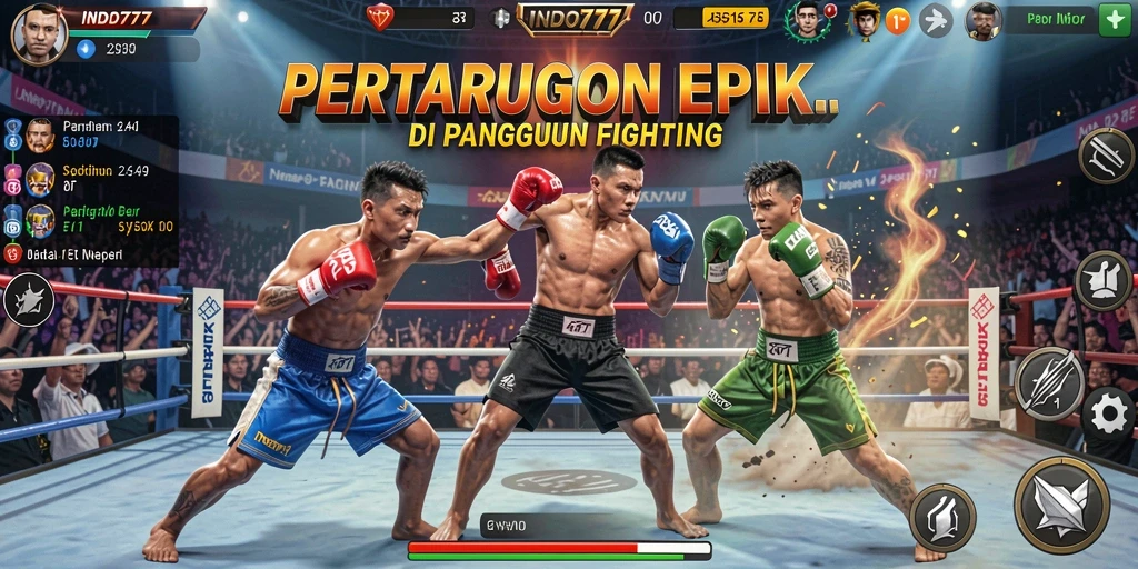 Screenshot utama INDO777 menampilkan pertarungan mendebarkan antara dua karakter kuat.