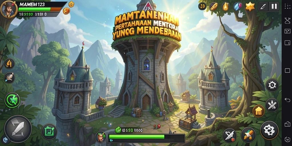Tampilan gameplay MAMEN123 menampilkan pertahanan menara yang epik.