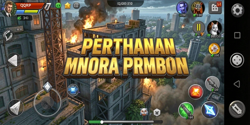 Screenshot utama QQRP dengan menara bertahan di medan pertarungan.
