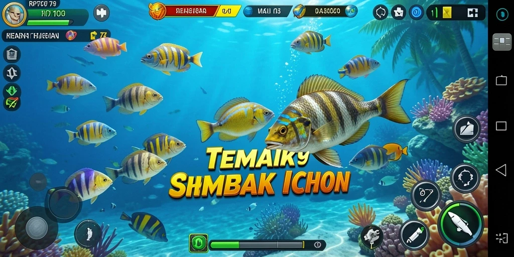 Screenshot gameplay RP79 menunjukkan keseruan menangkap ikan berwarna-warni.